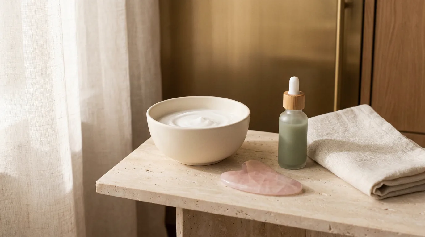 Preparación de un facial: cuenco de arcilla blanca, espátula de madera, toalla y rodillo de jade.