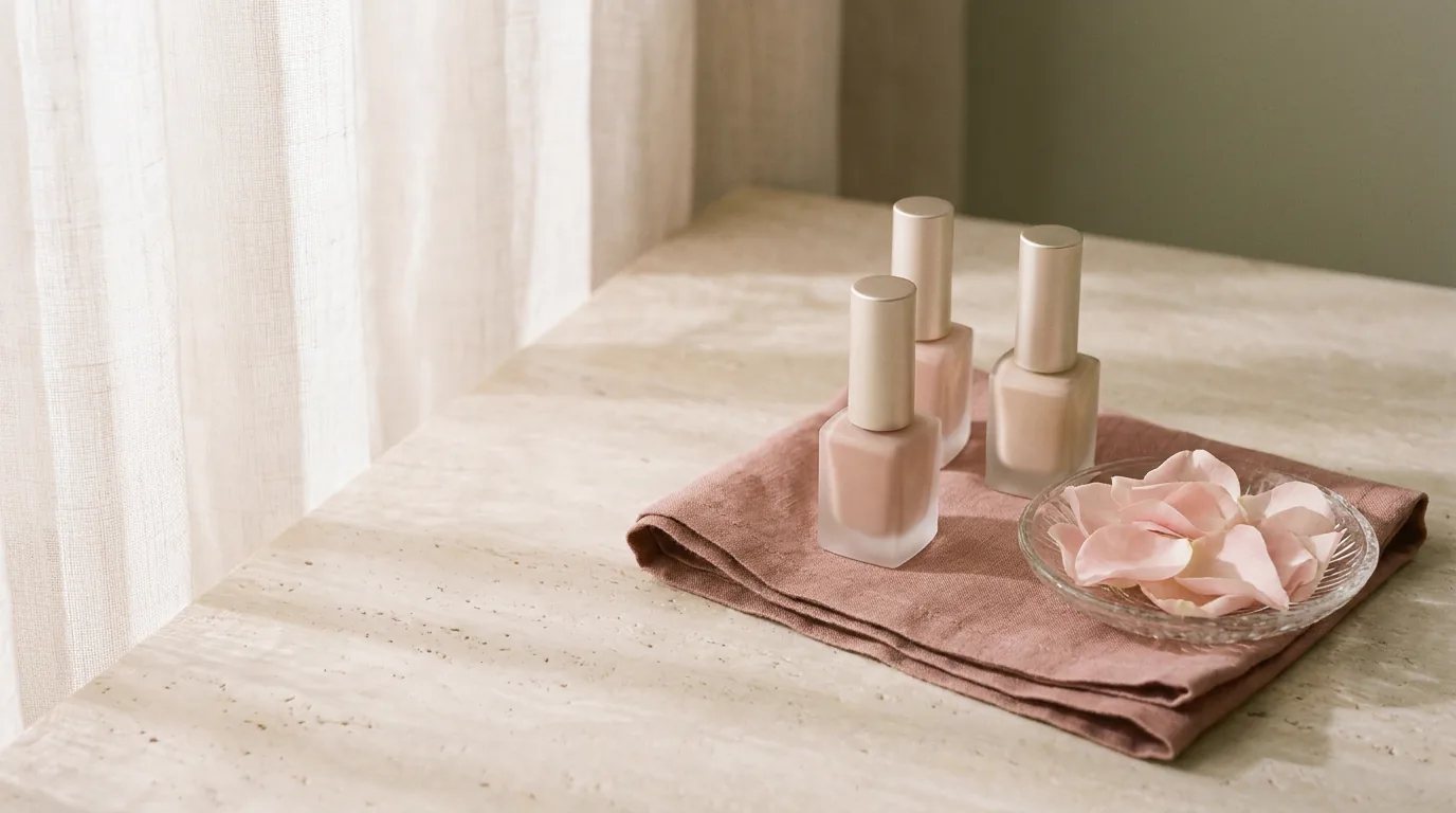 Estación de manicura con frascos de esmalte marfil, un paño de lino rosa y pétalos secos sobre piedra clara.