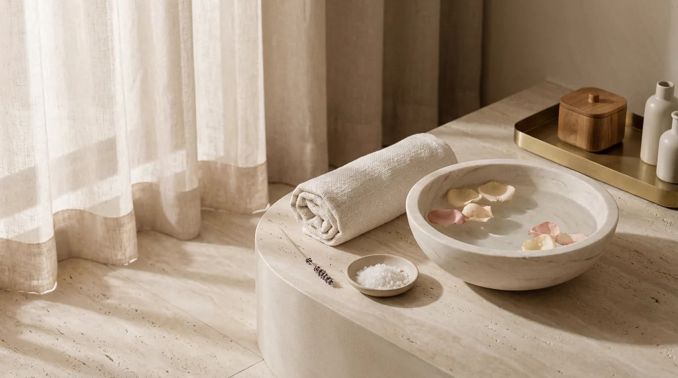 Palangana de piedra con agua y pétalos de rosa, toalla enrollada y sales naturales junto a una rama de eucalipto.