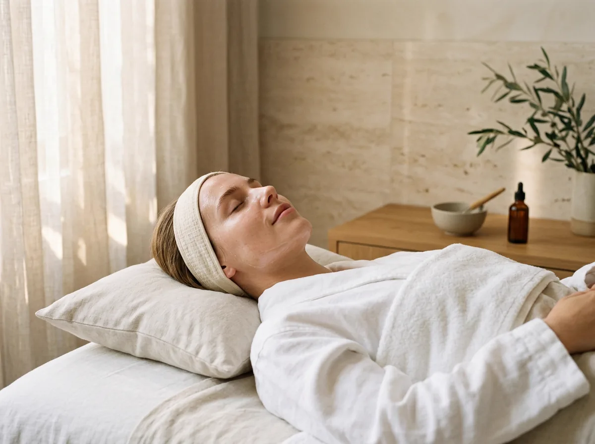 Boquilla de cristal de hydrafacial junto a un cuenco de agua con burbujas finas y una gota de sérum.